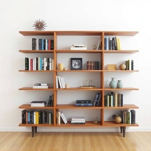 A custom-built wooden bookshelf with adjustable shelves, showcasing different sized books and decorative items.