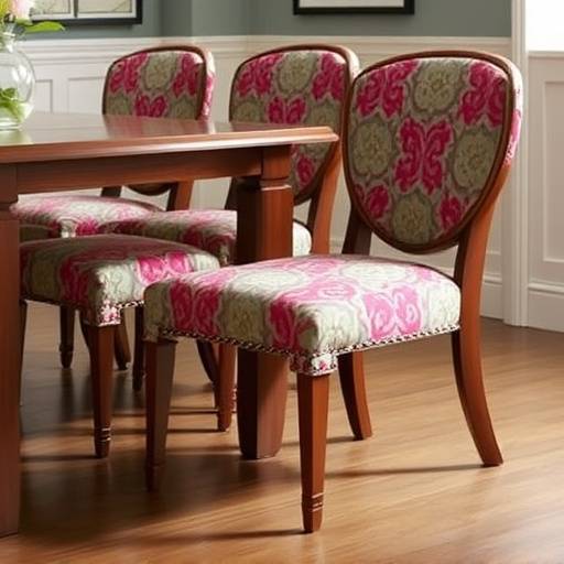 A set of custom-upholstered dining chairs with wooden frames, showcasing a vibrant fabric pattern and elegant design.