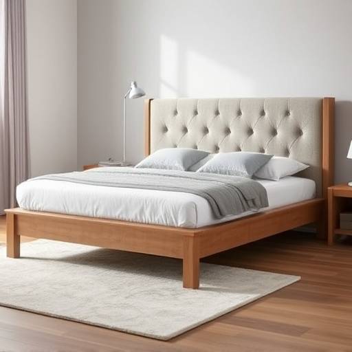 King-size platform bed with a grey upholstered headboard and wooden frame