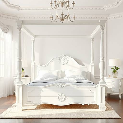 Queen-size four-poster bed with a white finish and elegant detailing