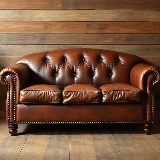Rustic brown leather sofa with nailhead trim and turned wooden legs